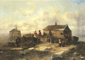 A fisher family from Marken conversing by a hut in winter by Herman Frederik Carel ten Kate