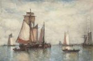 Shipping In An Estuary With A Windmill Beyond by Paul-Jean Clays