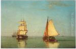 Two Sailing Vessels In A Calm Sea by Paul-Jean Clays