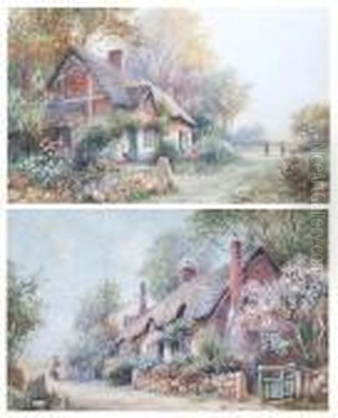 A Thatched Cottage With Figures 
On A Pathway, And Another Of A Young Girl By A Cottage, A Pair - view 1