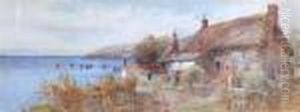 A Cottage With Woman Feeding Ducks Overlooking The Sea A Cottage With Woman Feeding Ducks Overlooking The Sea