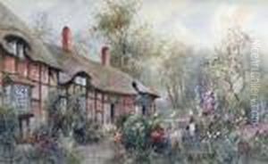 Thatched Cottage With A Girl In The Garden Thatched Cottage With A Girl In The Garden