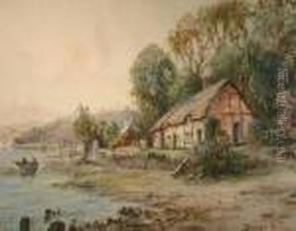 River Scene With Thatched Cottage And Fisherman In A Boat - view 1