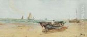 Cottages Overlooking A Bay And A Fisherman Mending Nets by Joseph Hughes Clayton