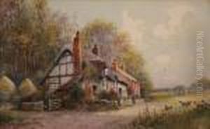 Landscape With Thatched Cottage And Alady Feeding Chickens