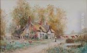 Old Lancashire Cottage; Figures,
 Sheep Andcattle Before A Cottage, Signed, A Pair Of Watercolours