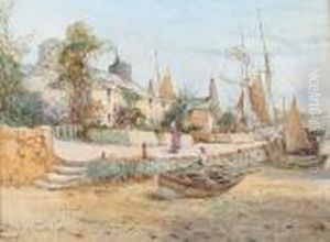 Cottage On The Coast With Fishing Boats On The Shore by Joseph Hughes Clayton