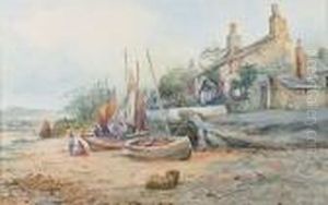 Cottages On The Coast With Fishermen Tending Their Boats by Joseph Hughes Clayton