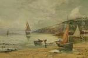 Fisherman And Boats In A
Tranquil Coastal Bay, Possibly Porthpatrick Bay, Anglesey, Signed Lower
Left by Joseph Hughes Clayton