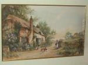 Woman Feeding Chickens Before A Country Cottage by Joseph Hughes Clayton