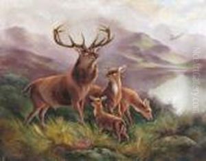 Stag And Deer By A Lake In The Highlands by Robert Cleminson