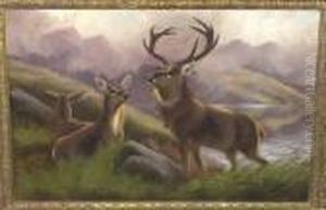 Stag And Other Deer Beside A Loch In A Highland Landscape Signed