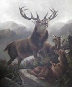 Stag And Hinds In A Mountain Landscape