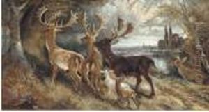 Stags Watering; And Stag's And Hindes By A Tree by Robert Cleminson