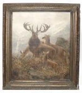 Deer In A Highland Landscape by Robert Cleminson