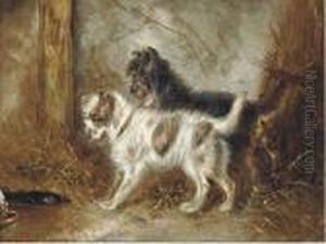 Mischevious Terriers In A Barn by Robert Cleminson
