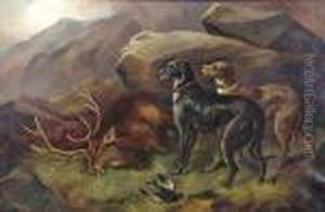 Hunting Dogs With A Stag In A Highland Landscape by Robert Cleminson