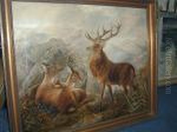A Stag And His Herd In A Snow-capped Highland Landscape - view 1