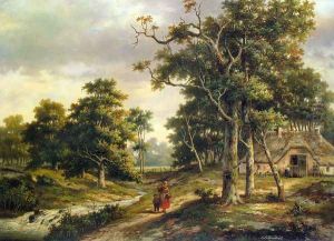 Peasant Woman and a Boy in a Wooded Landscape by Hendrik Barend Koekkoek