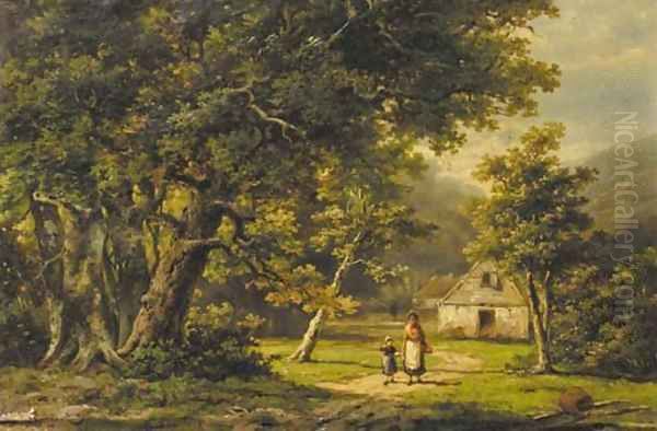 A peasant woman and a boy in a wooded landscape - view 1