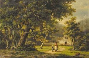 A peasant woman and a boy in a wooded landscape by Hendrik Barend Koekkoek