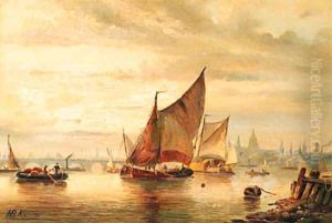 A view of London with various shipping on the Thames at dusk
