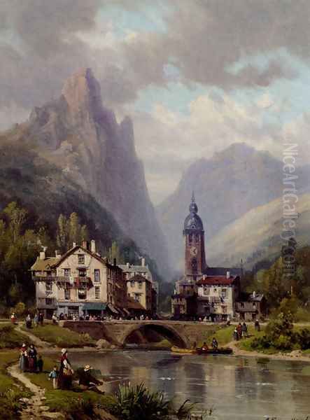 An Agler Before An Alpine Riverside Town - view 1