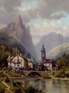 An Agler Before An Alpine Riverside Town by Charles Euphrasie Kuwasseg, Jr.