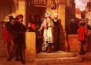 Koller Wilhelm Faust And Memphistopheles Waiting For Gretchen At The Cathedral Door by Joseph Arpad Koppay