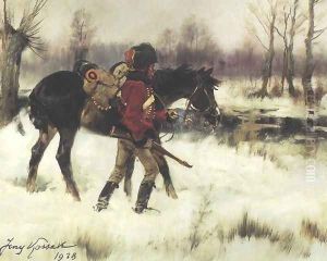 Hussar with a Horse in a Winter Landscape by Jerzy Kossak