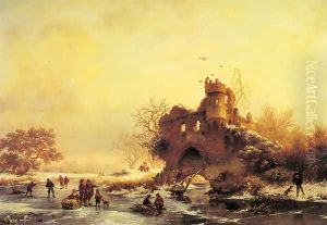Winter Landscape with Skaters on a Frozen River beside Castle Ruins
