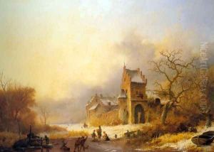Figures on a frozen river in a winter landscape by Frederik Marianus Kruseman