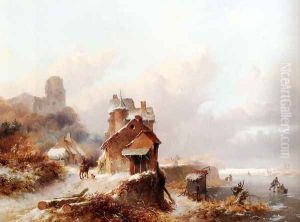 A Winterlandscape With A Horserider On A Track Passing A Farmhouse, Skaters On The Ice Beyond