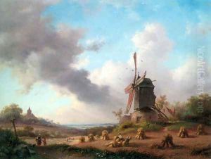 Summer Landscape with Harvesting Farmers