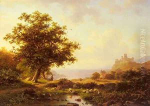 An Extensive River Landscape With A Castle On A Hill Beyond