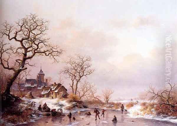 Winter: townsfolk skating on a frozen waterway near a fortified mansion at dusk - view 1