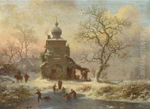 Winterfun at sunset by a mansion