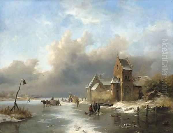 Winter landscape with figures on a frozen river - view 1