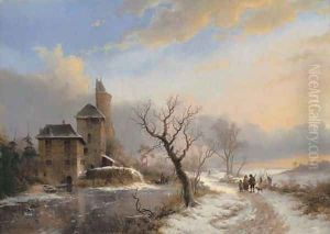 Winter landscape with figures near a city gate
