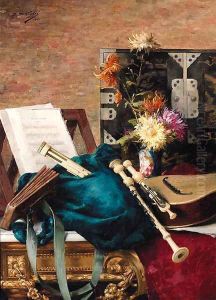 Musical Instruments and a Music Score with Flowers on a Table by Desire de Keghel
