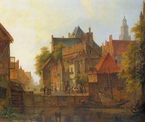 View of a town with a blacksmith at work on a quay