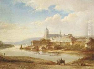A view of a town by a river, Germany by Kasparus Karsen