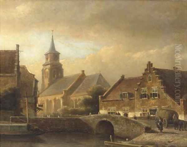 Figures crossing a bridge in a Dutch town - view 1