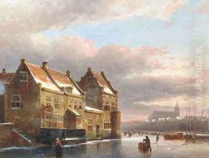 Figures on a frozen city canal at dusk by Kasparus Karsen