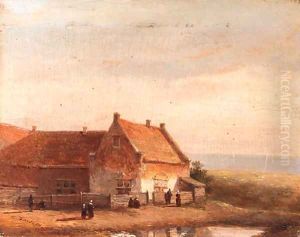Fisherwomen standing by a house in the dunes by Kasparus Karsen