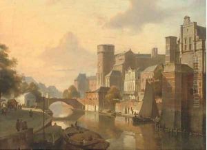 Trading vessels on a Dutch canal by Kasparus Karsen