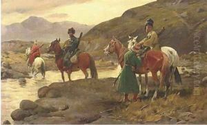 Kosaken am Wasser Cossacks crossing a river by J. Konarski