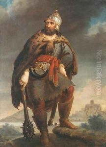 Ancient Hungarian in front of a Castle 1852