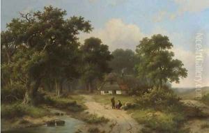 Peasants resting by a stream at the edge of a forest by Hendrik Pieter Koekkoek
