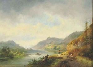 A river winding through hills, a town in the distance